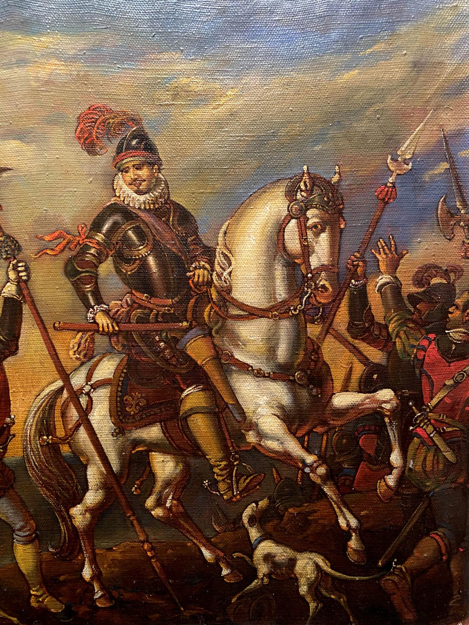 Oil painting of knight in black armor on white horse by Litvinov Oleg Arkad’yevich