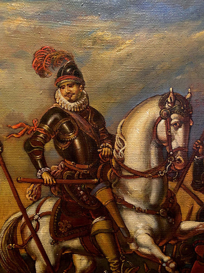Oil painting of knight in ornate armor on white horse by Litvinov Oleg Arkad’yevich