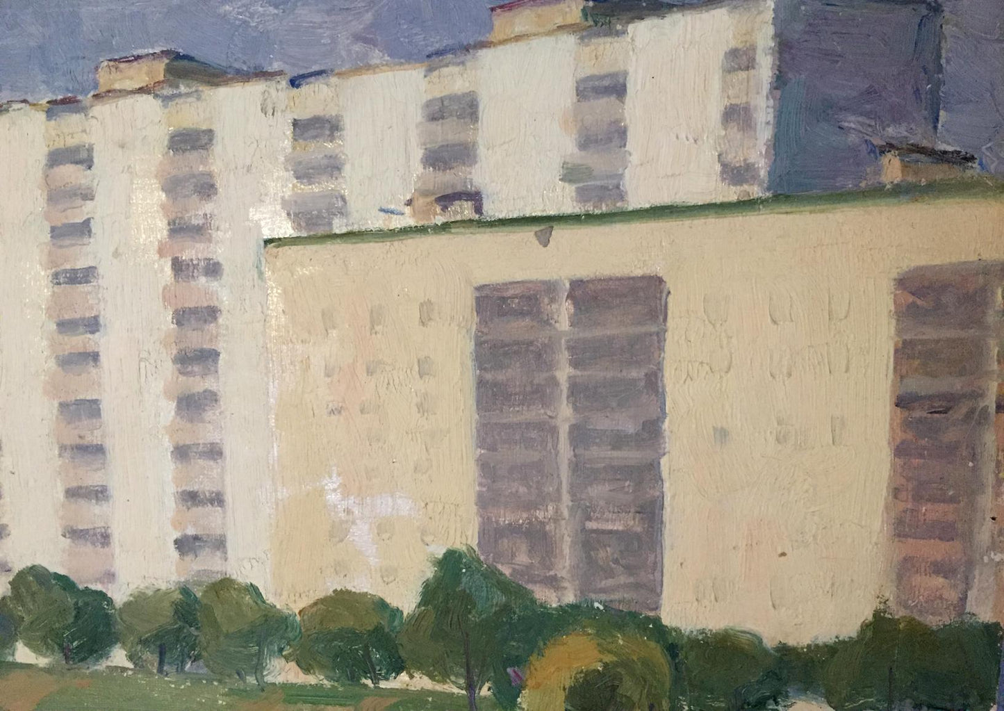 Oil painting of textured off-white gray city river building by Khrustalenko Nikolay Aleksandrovich