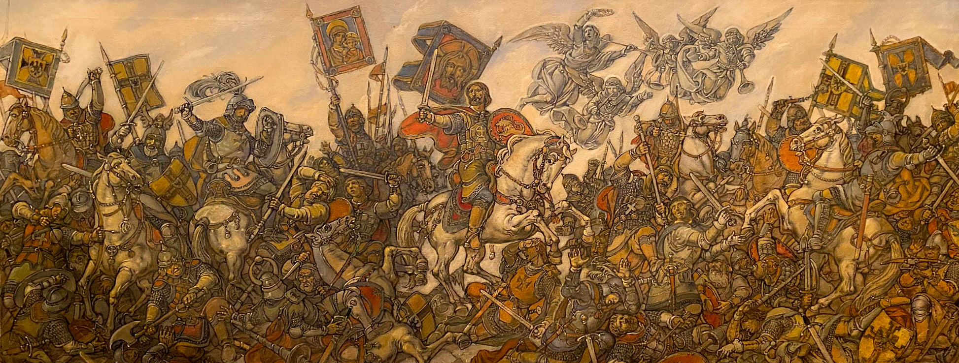 Oil painting Glorious fight by Litvinov Oleg Arkad’yevich: chaotic medieval battle mural
