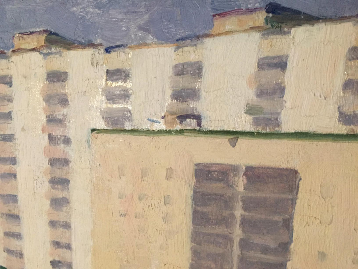 Oil painting of cream facade with textured walls, gray bricks by Khrustalenko