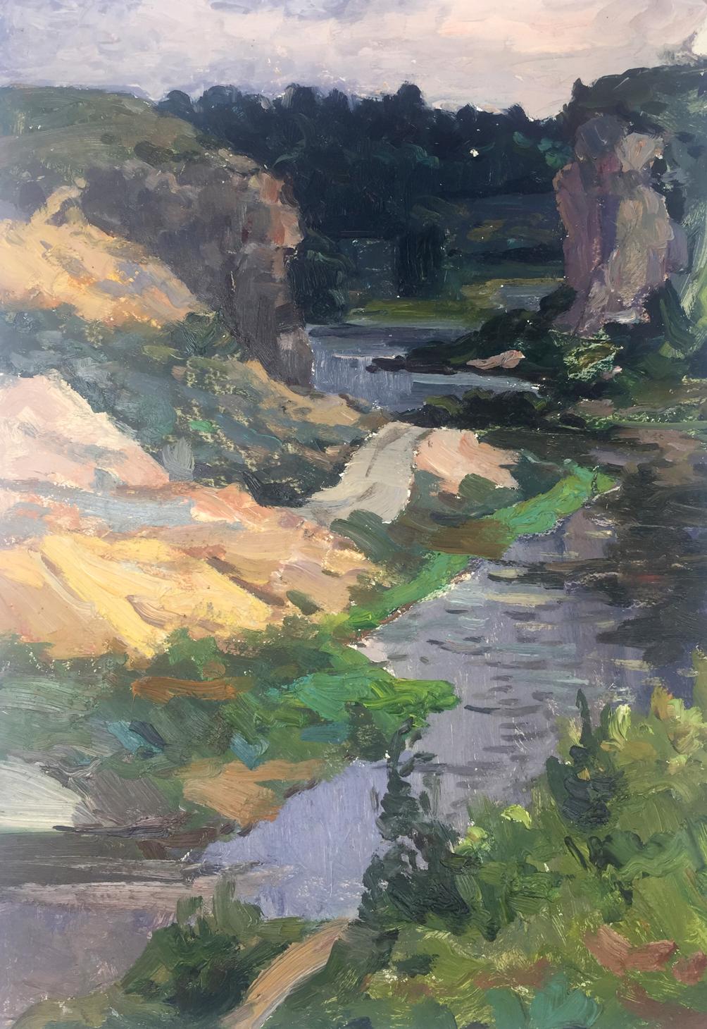 Original oil painting of winding river in lush green hills and cliffs