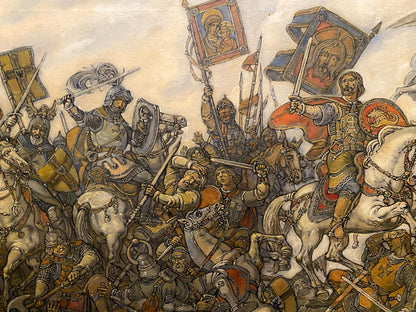 Oil painting Glorious fight by Litvinov Oleg Arkad’yevich medieval cavalry battle