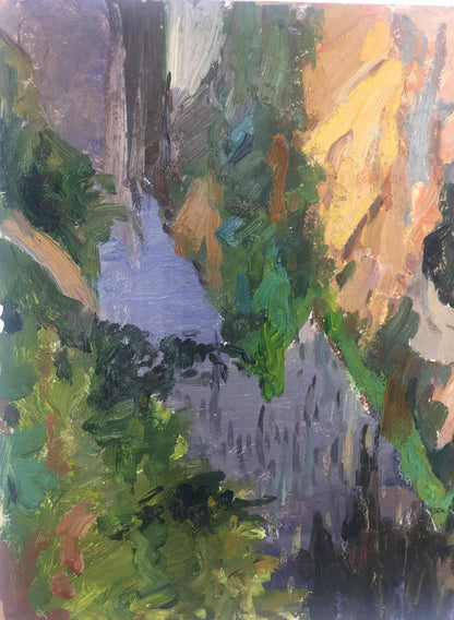 Abstract oil painting of natural plains in green, yellow, purple brushstrokes