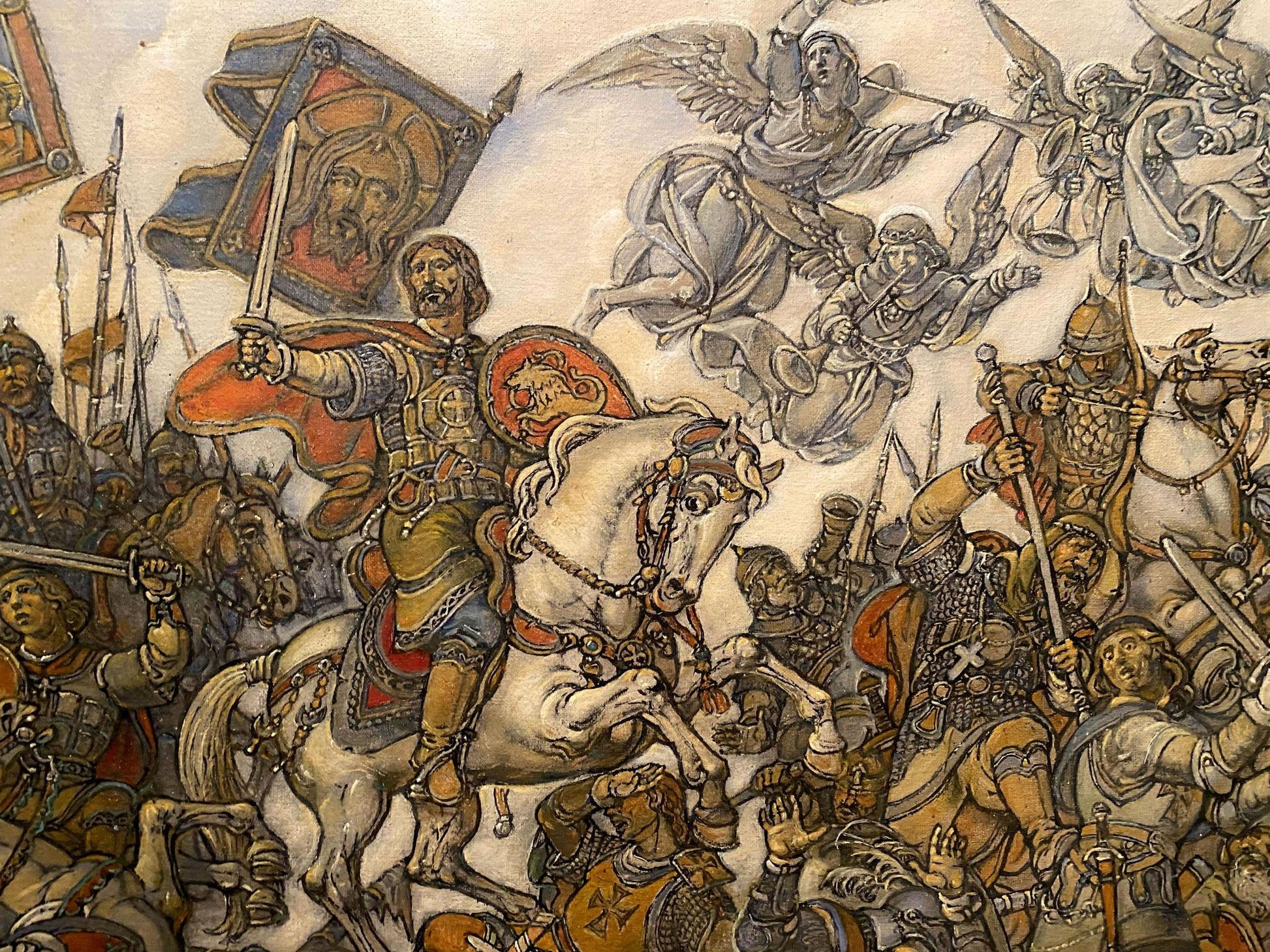 Oil painting Glorious fight by Litvinov Oleg Arkad’yevich: medieval battle mural
