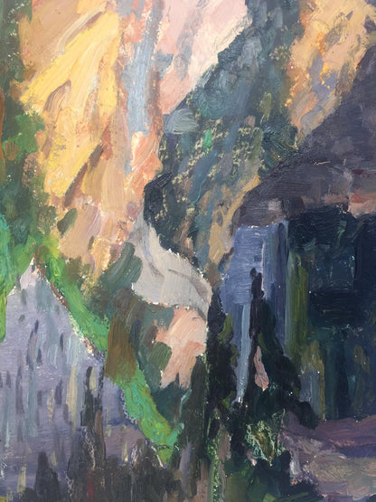 Vibrant original oil painting of dramatic natural plains mountain landscape