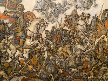 Oil painting Glorious fight by Litvinov Oleg Arkad’yevich, dynamic medieval battle