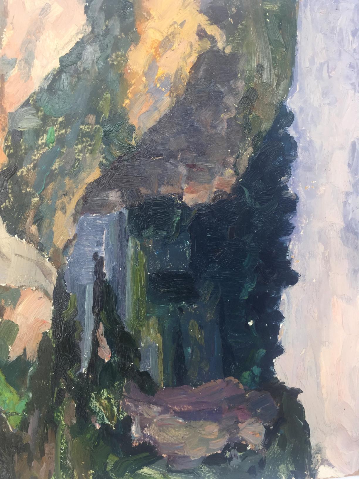 Oil painting of rugged moss-covered cliffside natural plains original