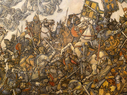 Oil painting Glorious fight by Litvinov Oleg Arkad’yevich: medieval battle scene