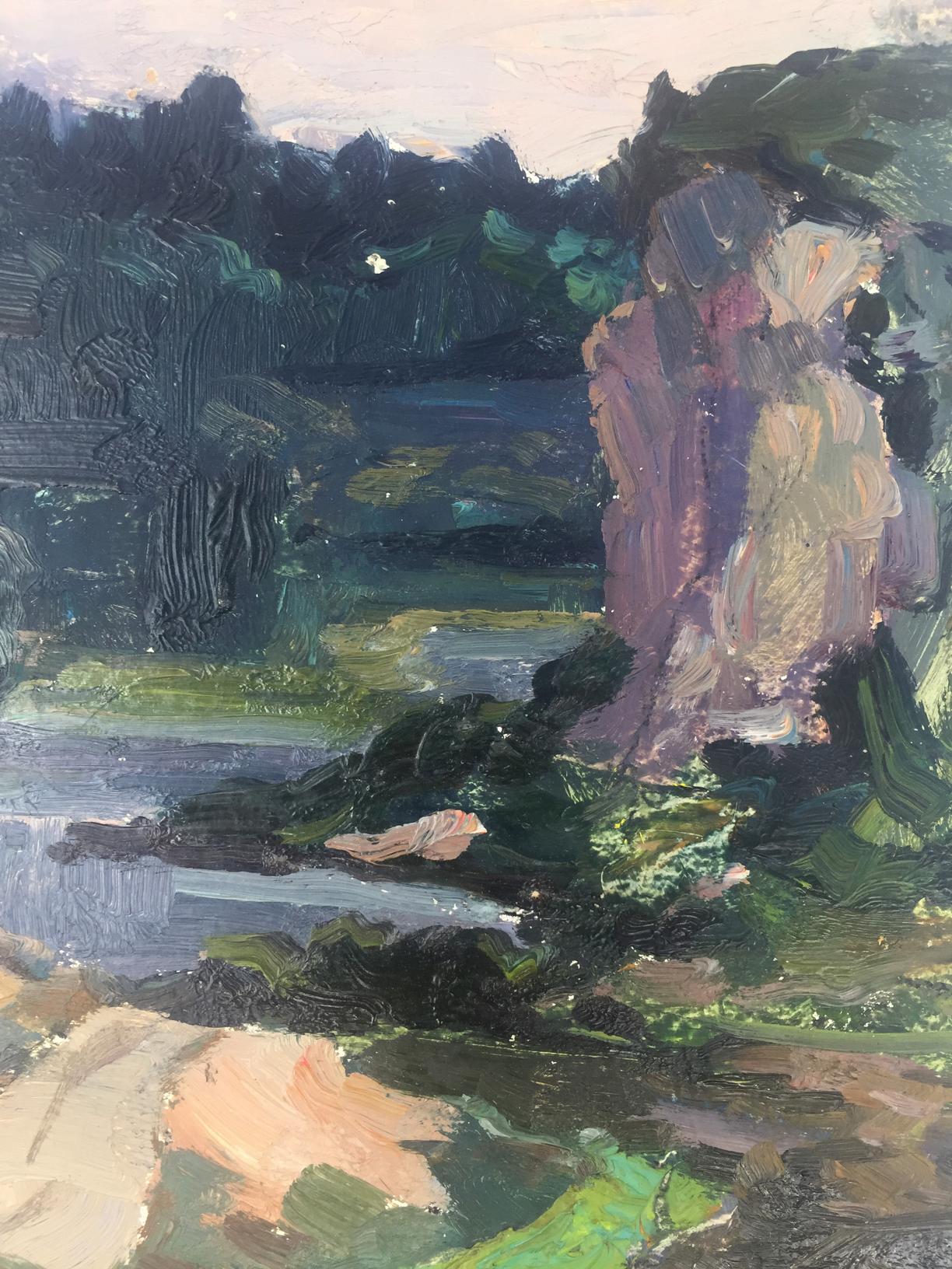 Oil painting of figure in purples, beiges amid green foliage, textured brushstrokes