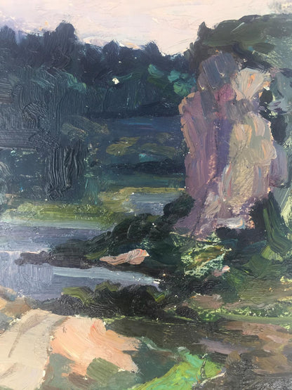 Oil painting of figure in purples, beiges amid green foliage, textured brushstrokes