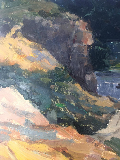 Oil painting of rugged cliffside natural plains in earthy tones