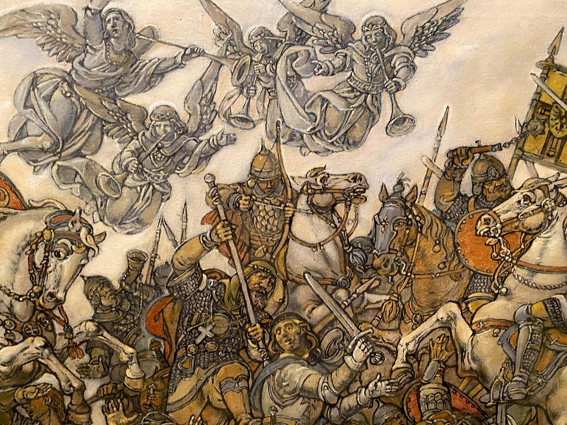 Sepia-toned medieval battle with knights and trumpeting angels by Litvinov Oleg Arkad’yevich oil painting