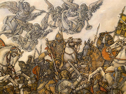 Sepia-toned medieval battle with knights and trumpeting angels by Litvinov Oleg Arkad’yevich oil painting