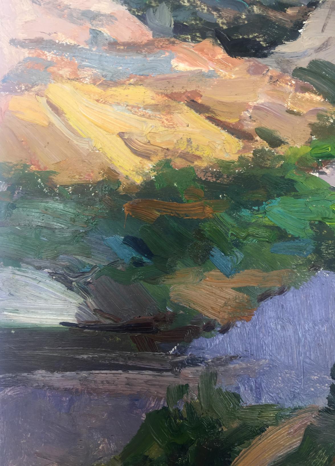 Vibrant impressionist oil painting of natural plains with trees, water in yellow, green, blue
