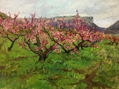 Vibrant oil painting of blooming peach trees by Petr Kuzmich Stolyarenko