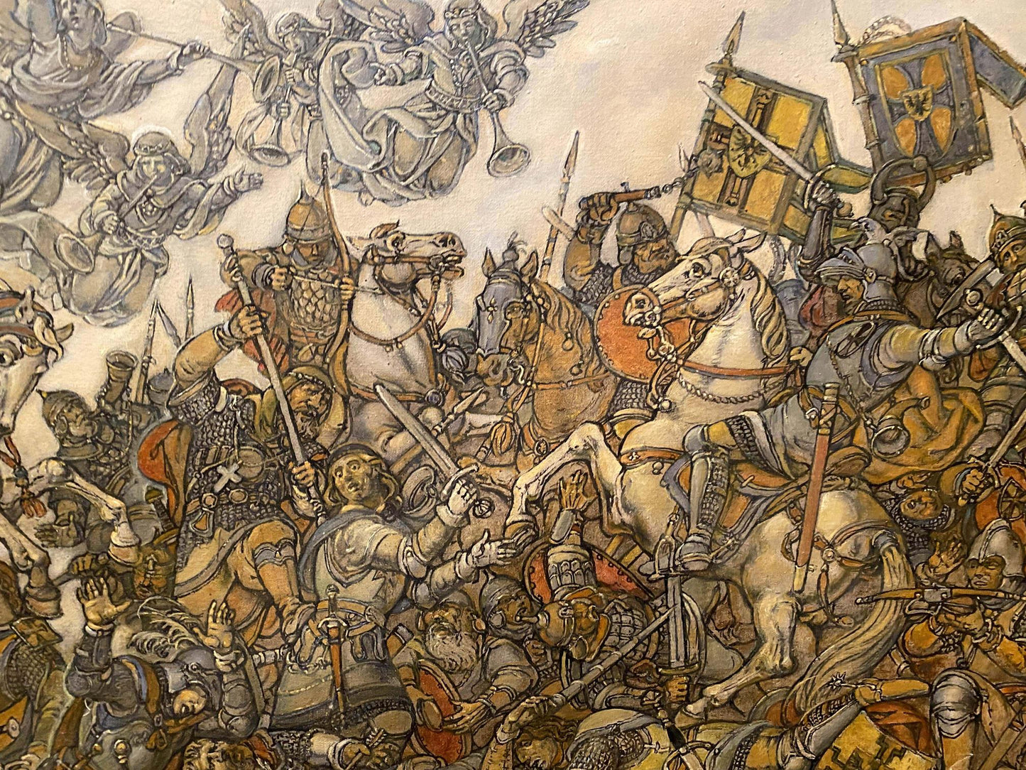 Sepia-toned oil painting by Litvinov Oleg Arkad’yevich: knights battle angels