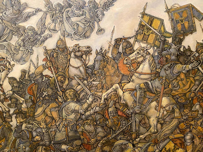 Sepia-toned oil painting by Litvinov Oleg Arkad’yevich: knights battle angels