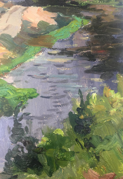 Vibrant original oil painting of winding river in lush green plains