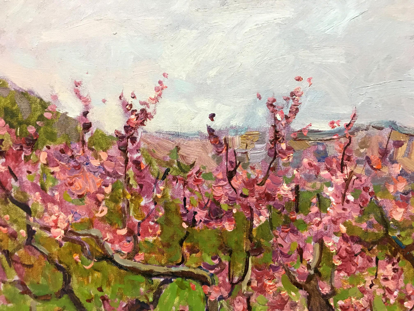 Vibrant oil painting of blooming tree with pink flowers by Petr Kuzmich Stolyarenko