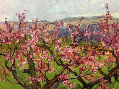 Vibrant oil painting of blooming peach tree by Petr Kuzmich Stolyarenko