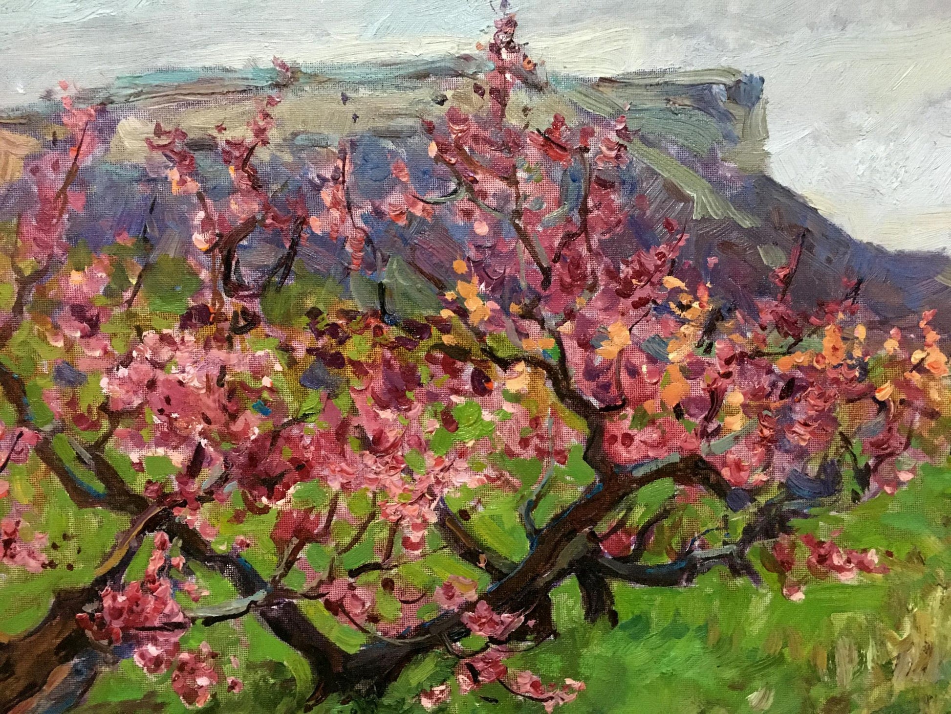 Vibrant impressionist oil painting of blooming tree by Petr Kuzmich Stolyarenko
