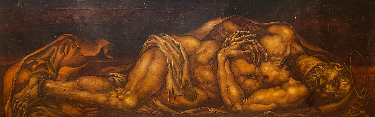 Oil painting of Dead Christ by Litvinov Oleg Arkad’yevich, nude muscular male with skeletal limb