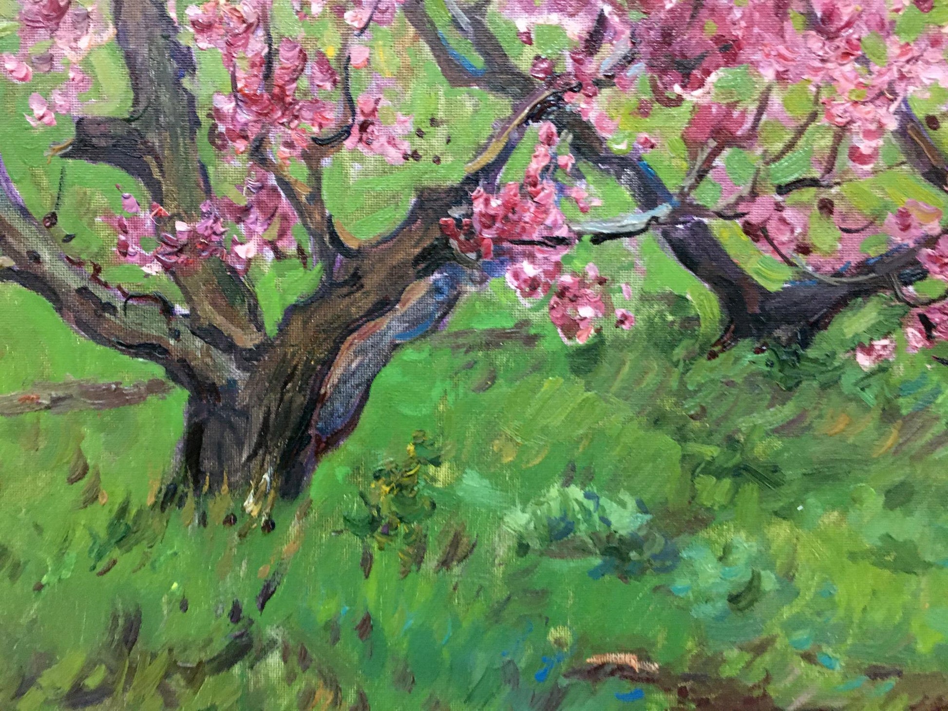 Vibrant oil painting of blooming tree by Petr Kuzmich Stolyarenko