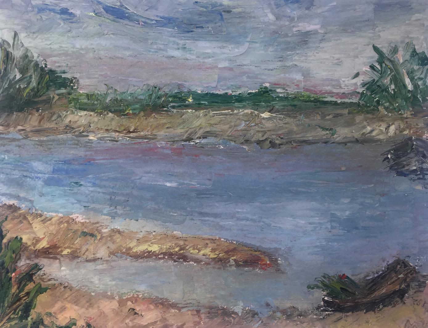 Original oil painting of serene textured river with blue-gray water and green banks