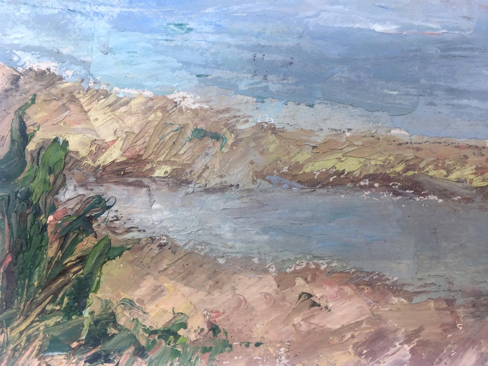 Impressionistic oil painting of coastal river landscape in blues and greens