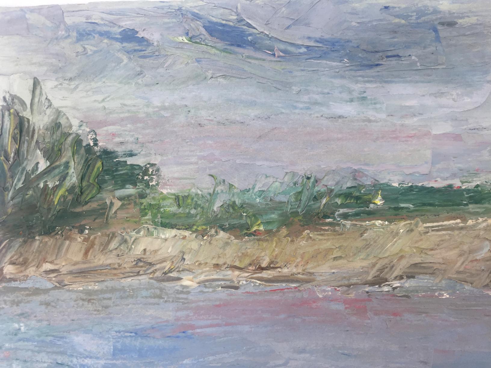 Original oil painting of textured river landscape in blues and greens