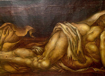 Oil painting of Dead Christ by Litvinov Oleg Arkad’yevich, muscular nude male in golden tones