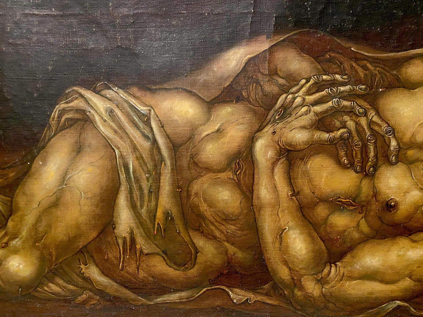 Oil painting Dead Christ by Litvinov Oleg Arkadyevich, dark muscular figure with skeletal hands in draped cloth under dim light