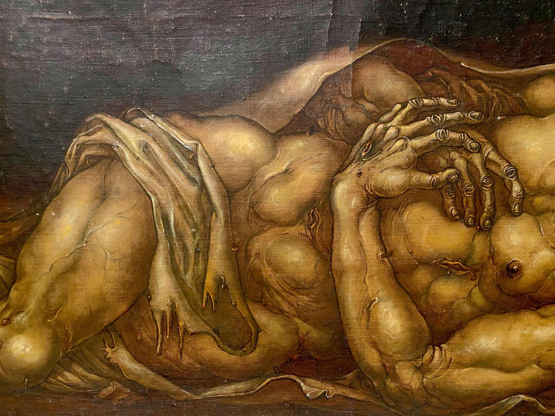 Oil painting Dead Christ by Litvinov Oleg Arkadyevich, dark muscular figure with skeletal hands in draped cloth under dim light