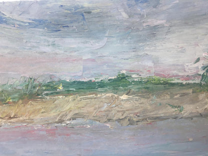 Original oil painting of textured impressionist river landscape in blues, grays, greens