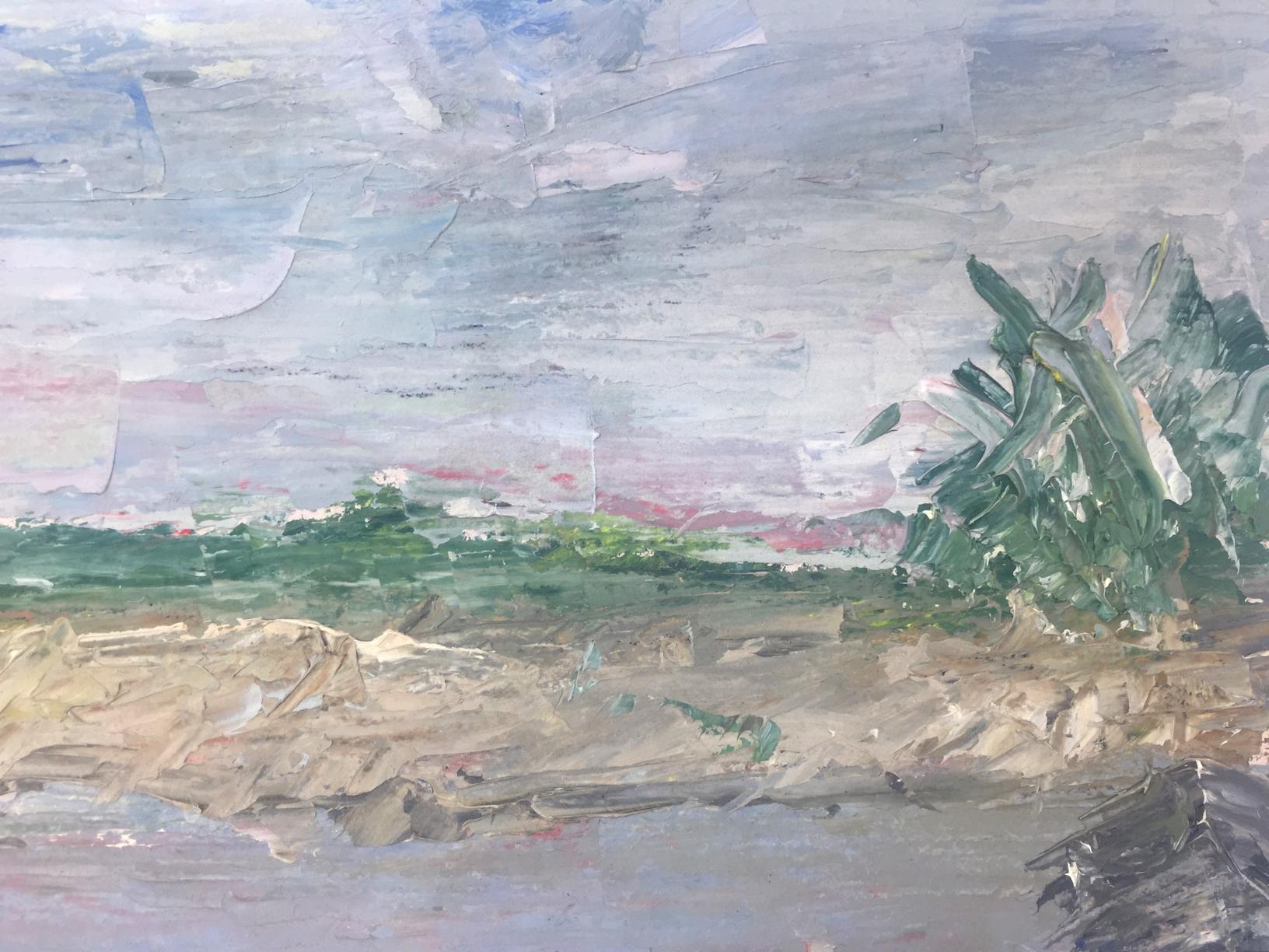 Textured impressionist oil painting of coastal river landscape