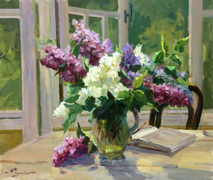 Oil painting Morning mood by Mykola Fedorovych Chulko: lilacs in glass pitcher