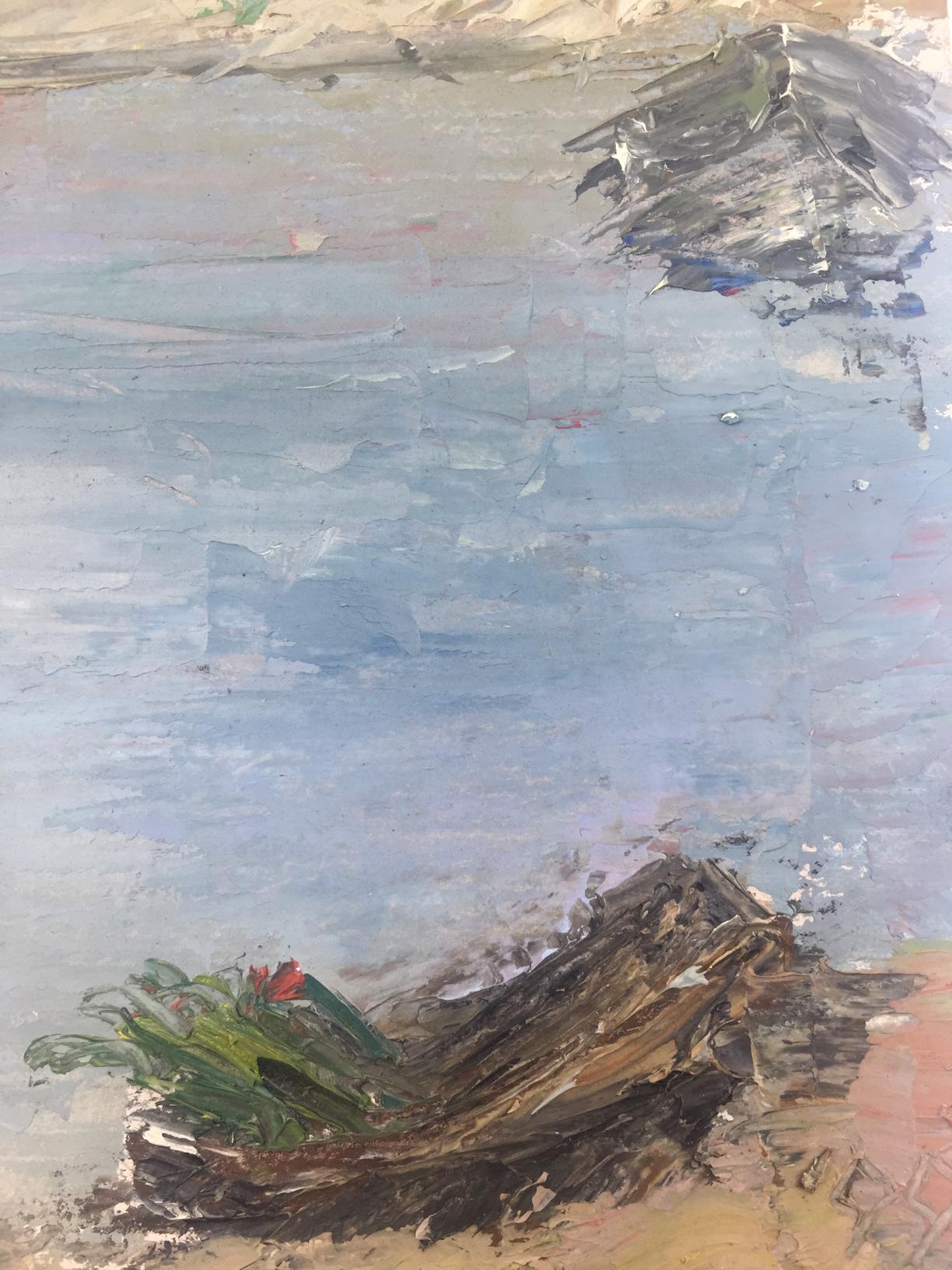 Oil painting of weathered wooden boat on sandy shore with red flower