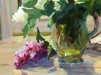 Oil painting Morning mood by Mykola Fedorovych Chulko with green glass vase