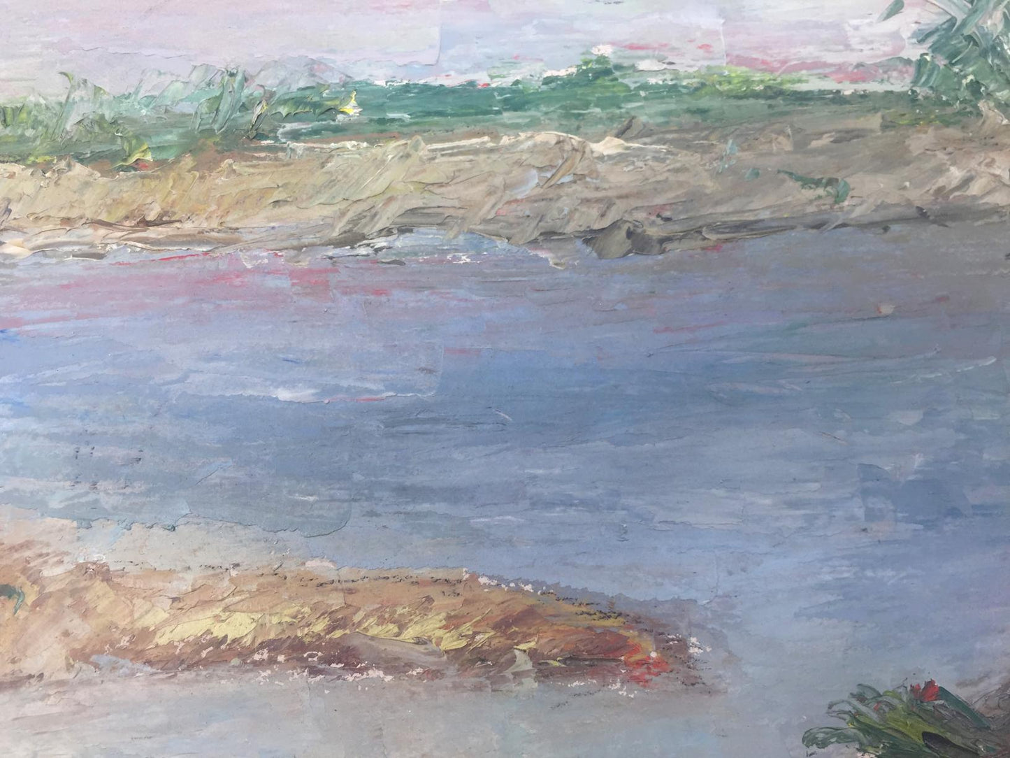 Original oil painting of tranquil textured river in blues and greens