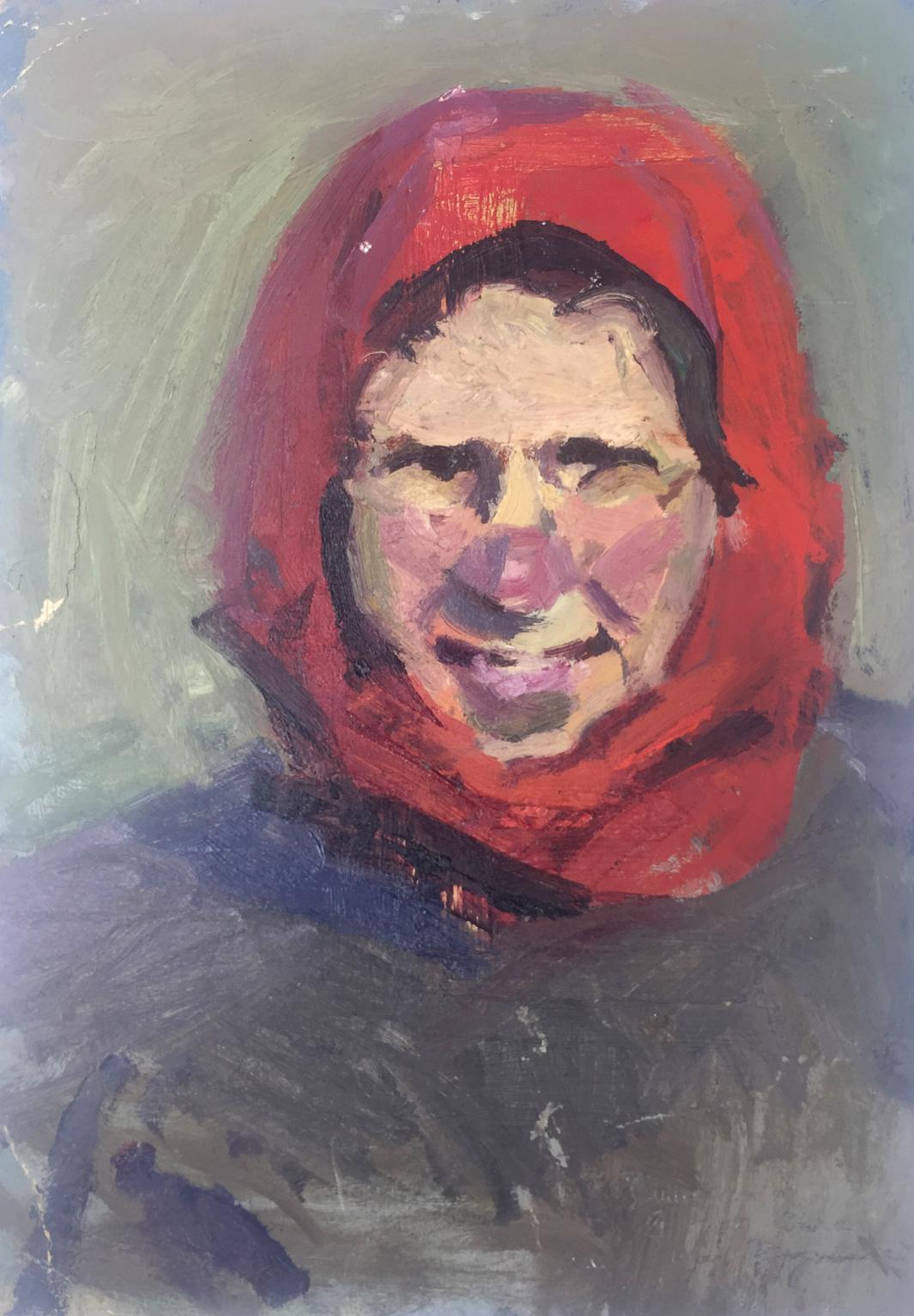 Vibrant red hooded headscarf on woman in original oil painting portrait