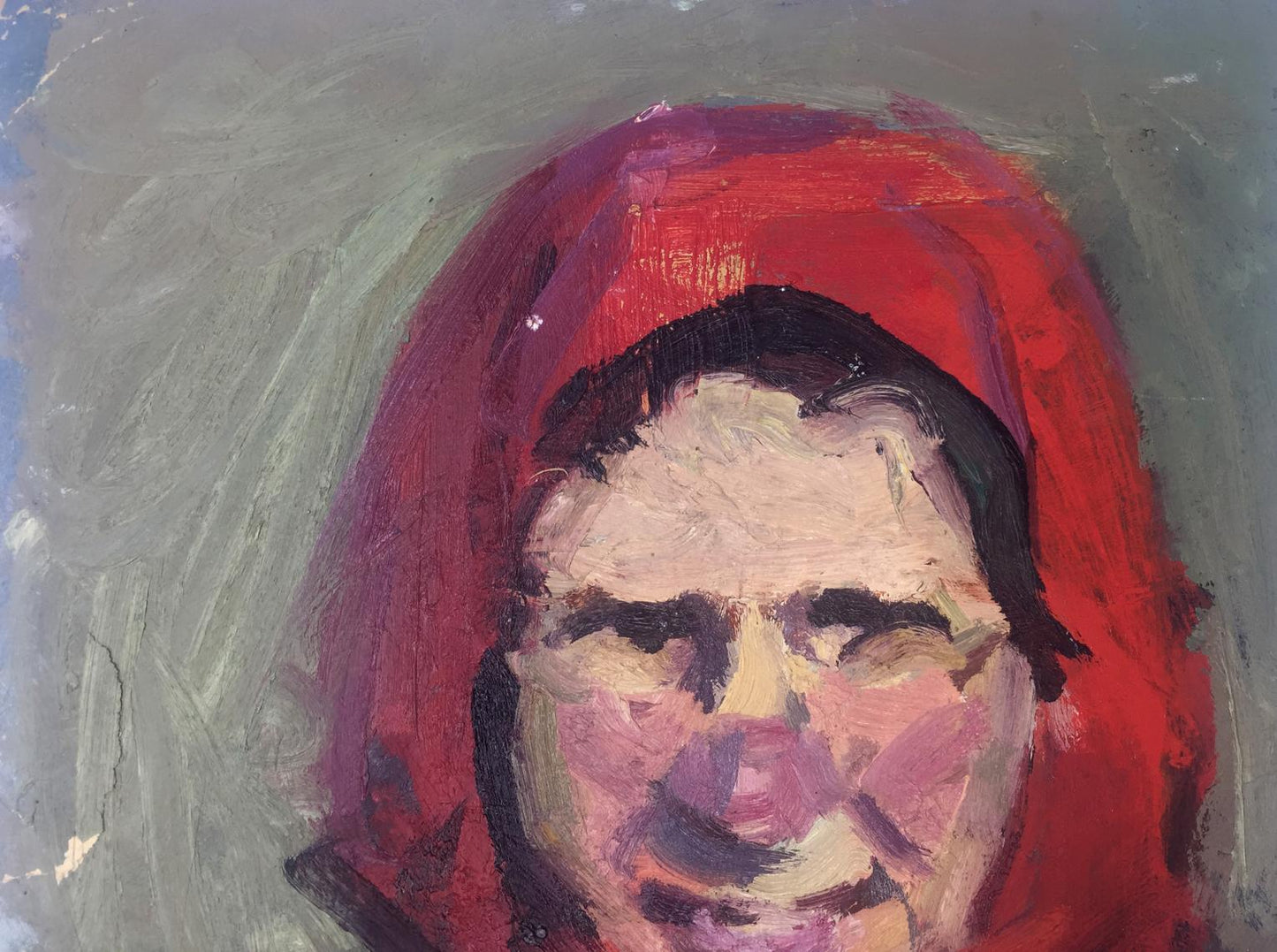 Vibrant red hooded headscarf on dark hair, original oil painting woman portrait