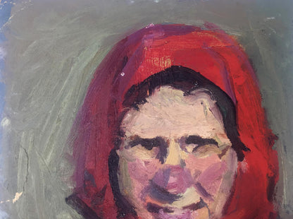 Vibrant red hooded headscarf on dark hair, original oil painting woman portrait