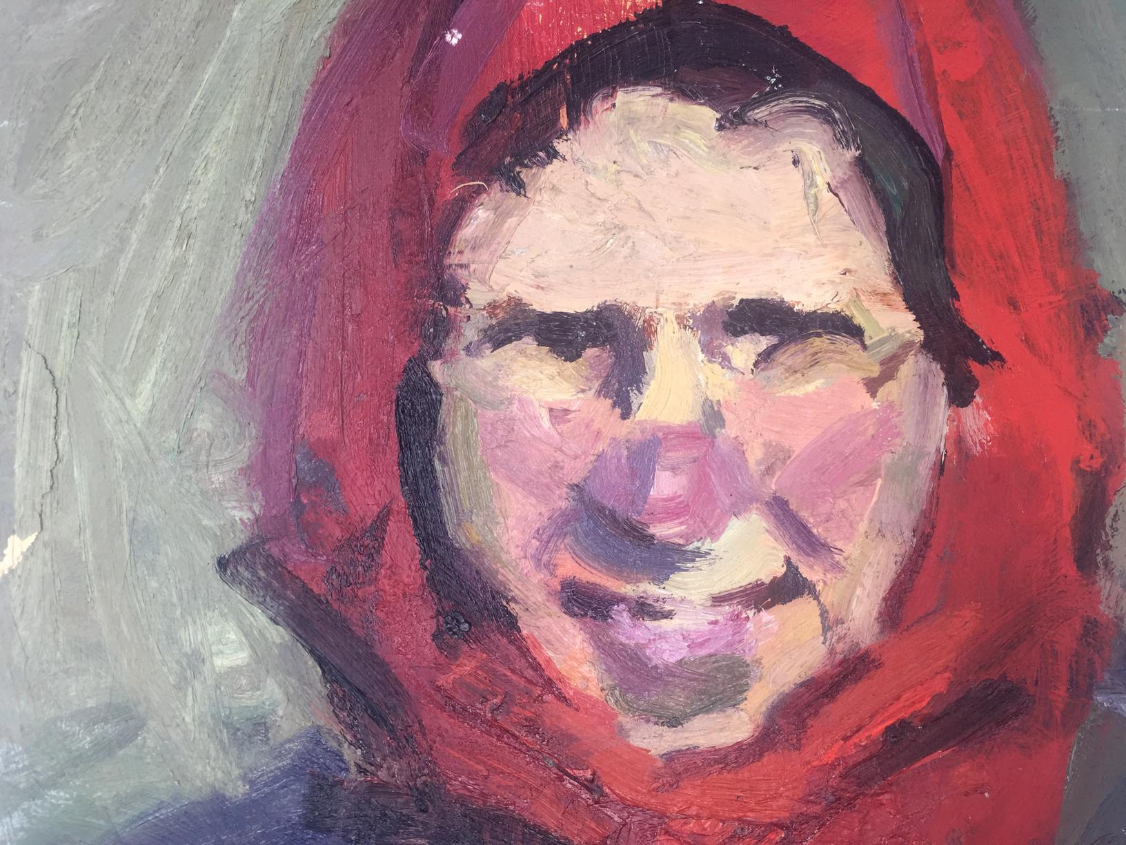 Original textured oil painting of womans bold red portrait with visible brushstrokes