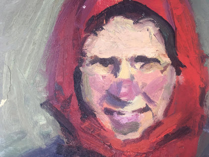 Original textured oil painting of womans bold red portrait with visible brushstrokes