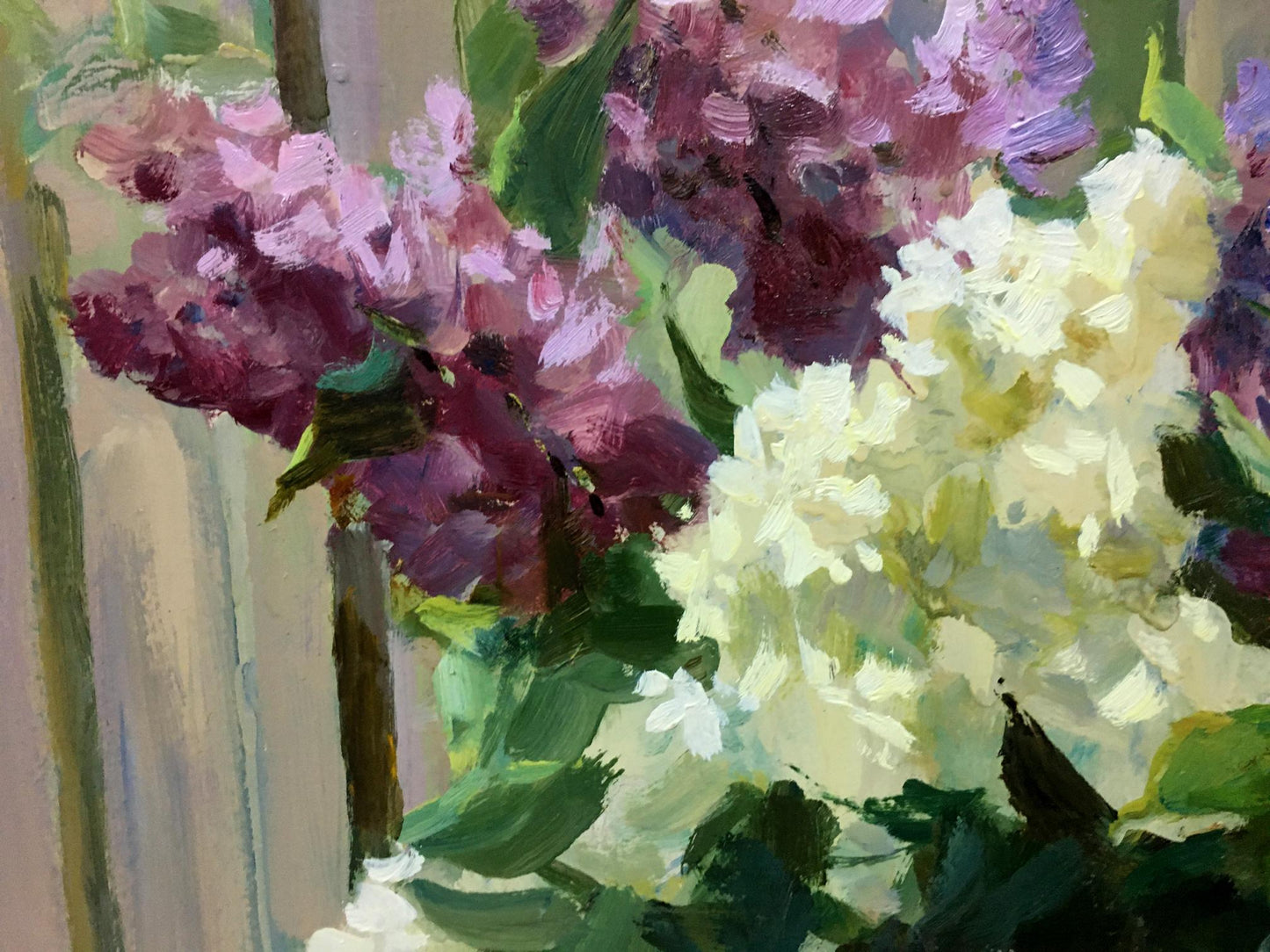 Oil painting Morning Mood by Mykola Fedorovych Chulko with lilac hydrangeas
