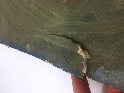 Weathered green painted wooden back of original oil woman portrait painting