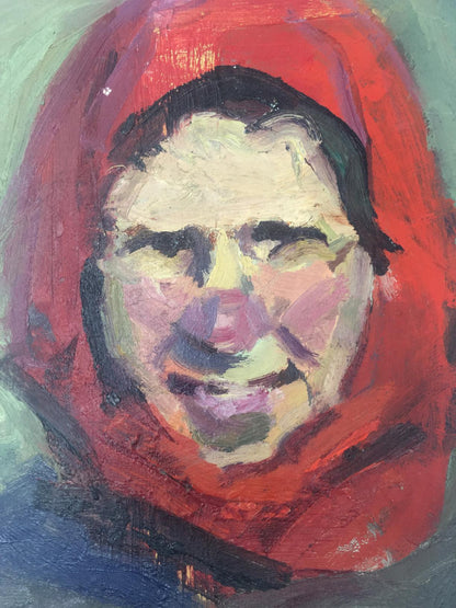 Vibrant red hooded headscarf on dark hair, impressionistic oil painting portrait