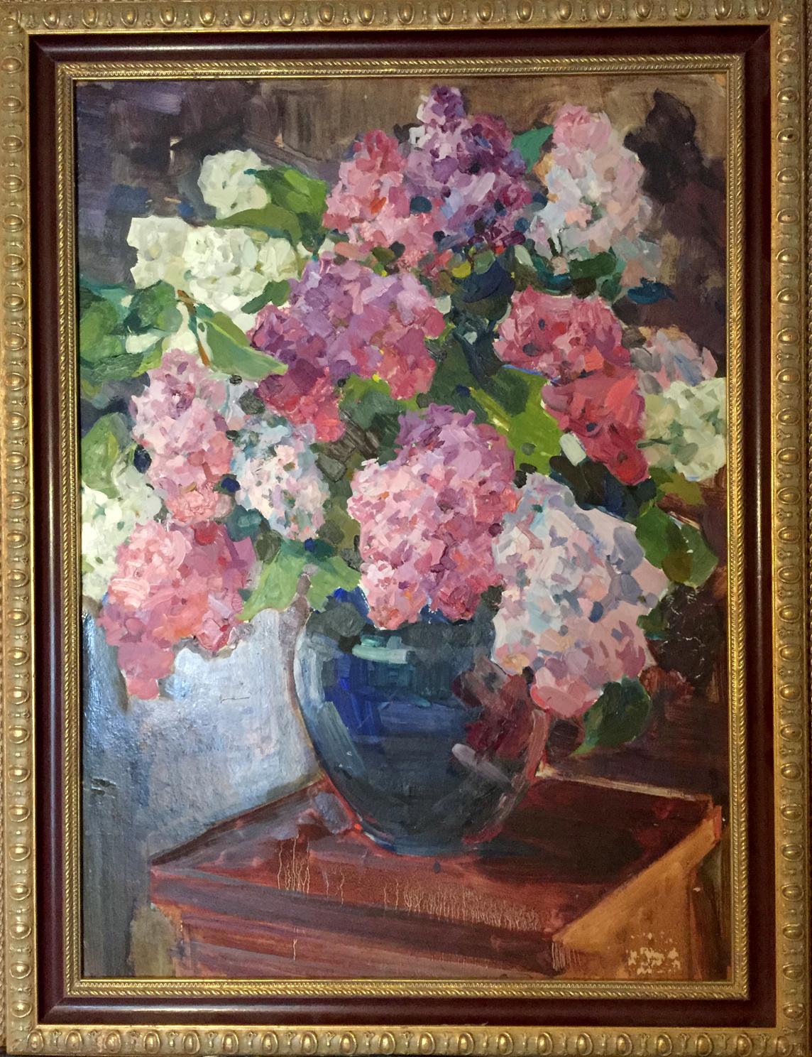 Oil painting of lilacs in blue vase by Merkulieva Maria Alexandrovna