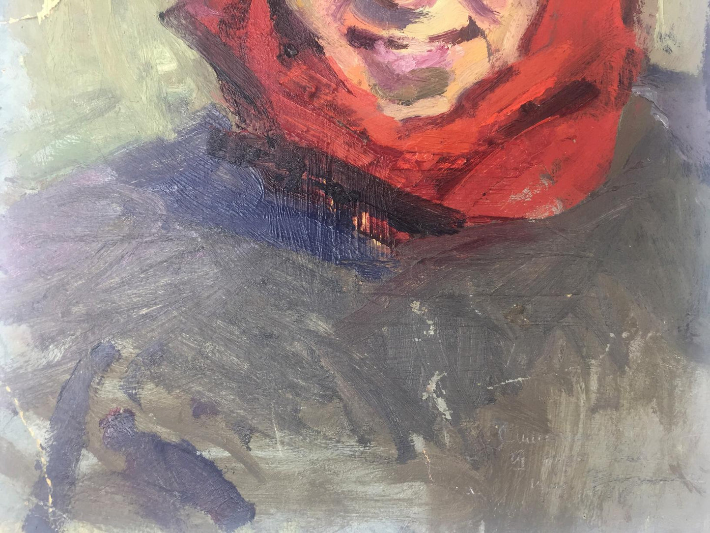 Oil painting of woman portrait with vibrant red scarf on neck